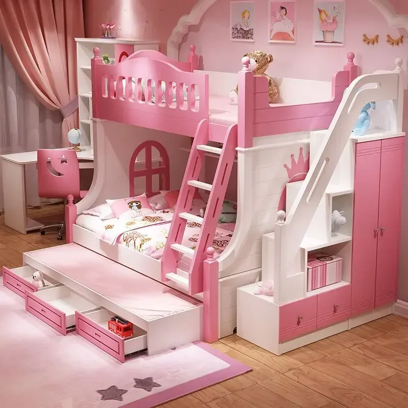 Bunk Bed Children Bunk Solid Wood Bedpost Two-story Bed Boys and Girls Multifunctional Mother-child Bed With Wardrobe