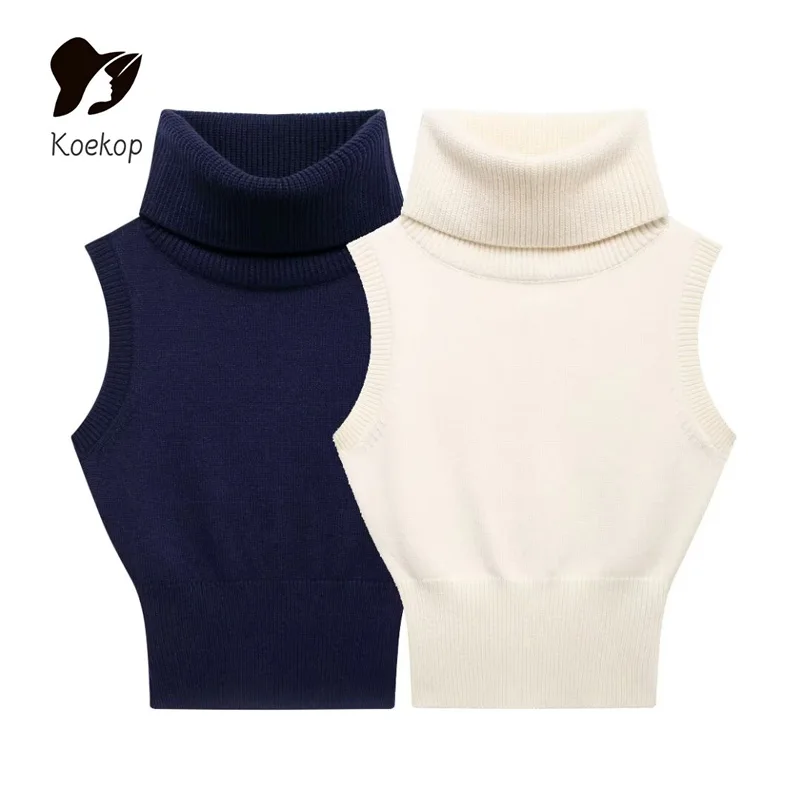 Koekop Women's Fashion Solid Color Standing Knit Sleeveless Vest Top Vintage Casual Chic Ladies Chic Lady Vests