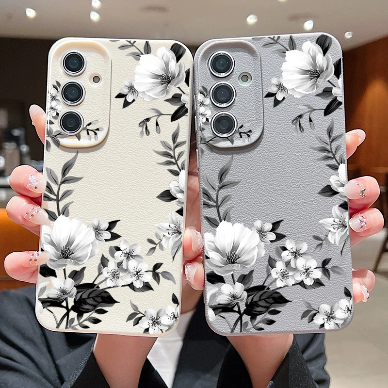Case For Samsung Galaxy S25 S23 S22 Ultra S24 FE A56 A36 A16 A55 A15 A54 A35 5G Flowers Pattern Leather Texture TPU Phone Cover