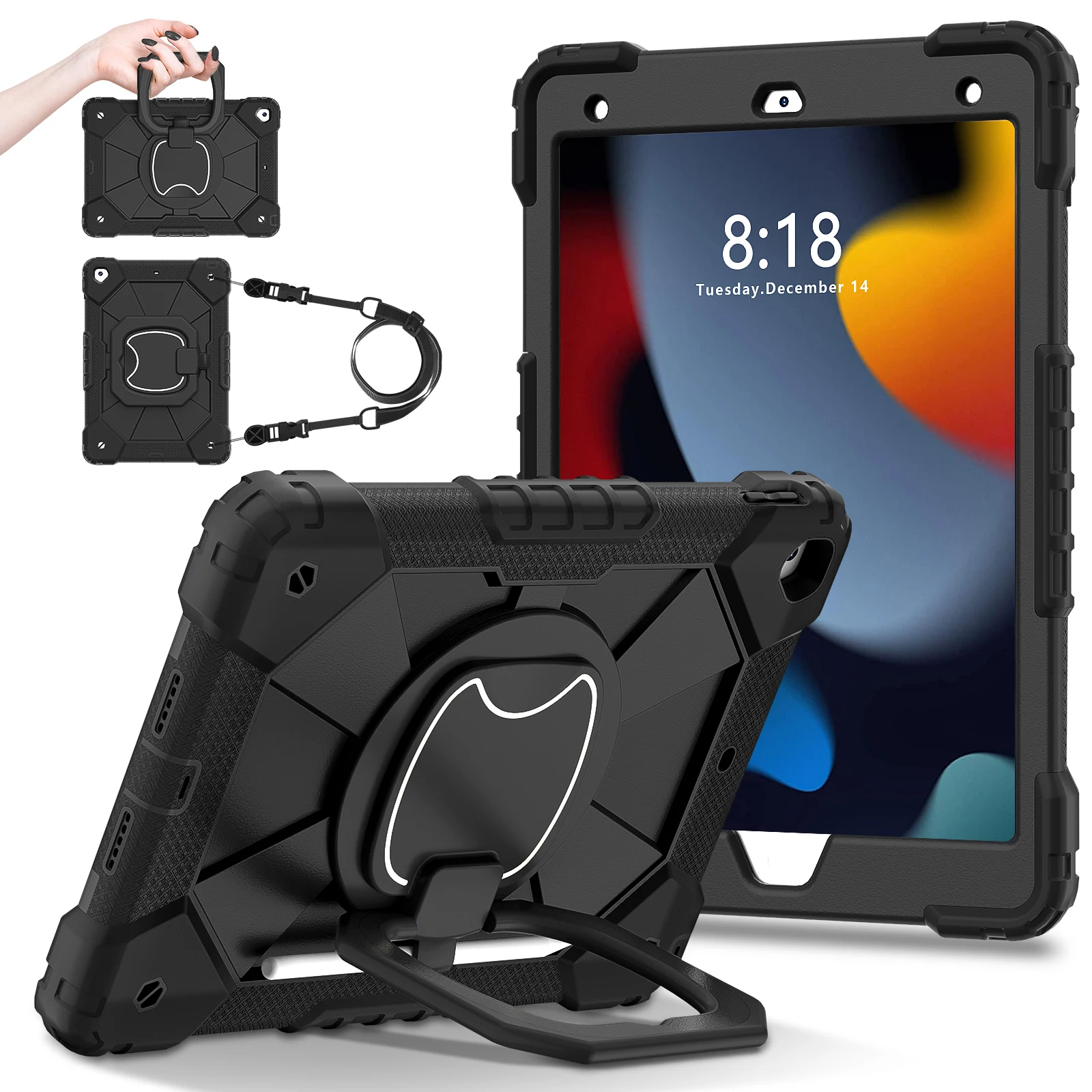 

360 Rotating Stand Case Universal For iPad 10.2 2019 2020 2021 7th 8th 9th Gen. Heavy Duty Cover With Handle Grip Shoulder Strap