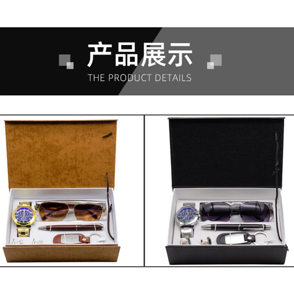 Fashion Watch Men Luxury Gift Set Male Quartz Watch Sunglasses Keychain Pen For Father Mens Gift Business Set 4pcs + Box