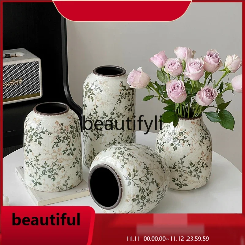 

F132 Flowering retro ceramic vase ornament hydroponic flower arrangement creative high-end pastoral decoration new Chinese sty