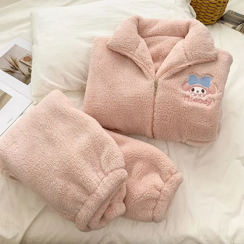 الوردي بلدي ميلودي أزياء الكرتون لطيف منامة للفتيات سميكة الدافئة سستة سترة أفخم ملابس المنزل يمكن ارتداؤها خارج