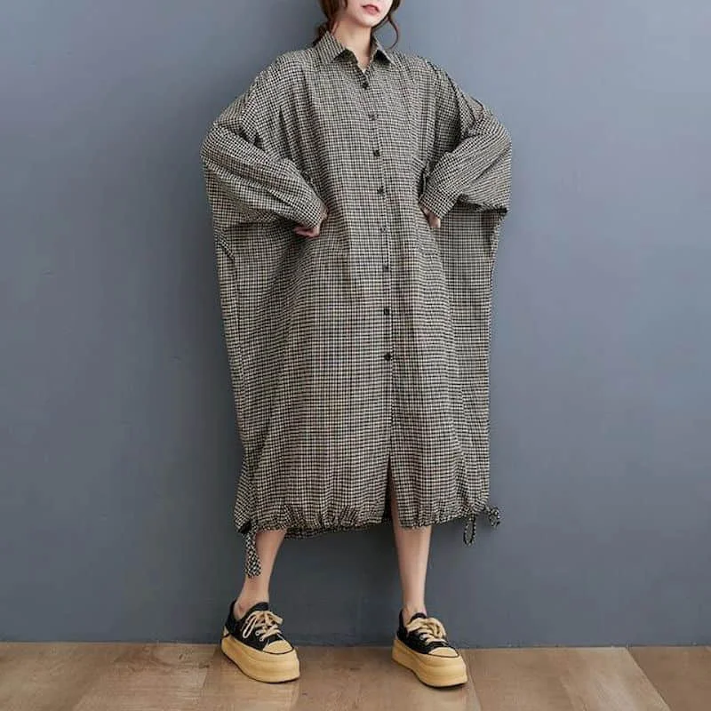 Shirts Coats Women Plaid Oversized Long Sleeve Casual Korean Style Polo-neck Extra Long Style Single Breasted One-piece Trench