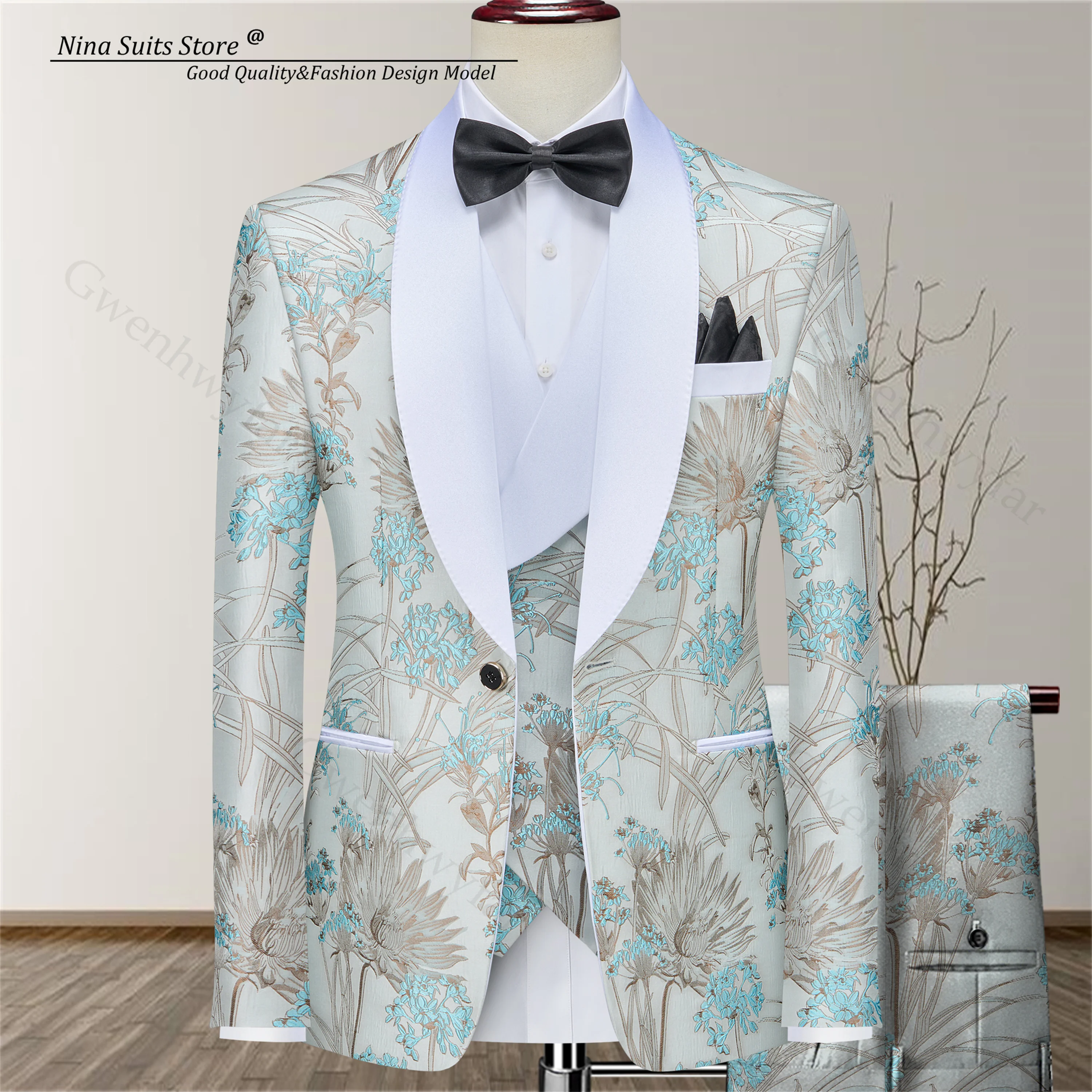 

Gwenhwyfar 2025 мятный жаккардовый костюм, мужское элегантное банкетное платье, модное 3 предмета, зеленая куртка с цветочной вышивкой озера, брюки, жилет
