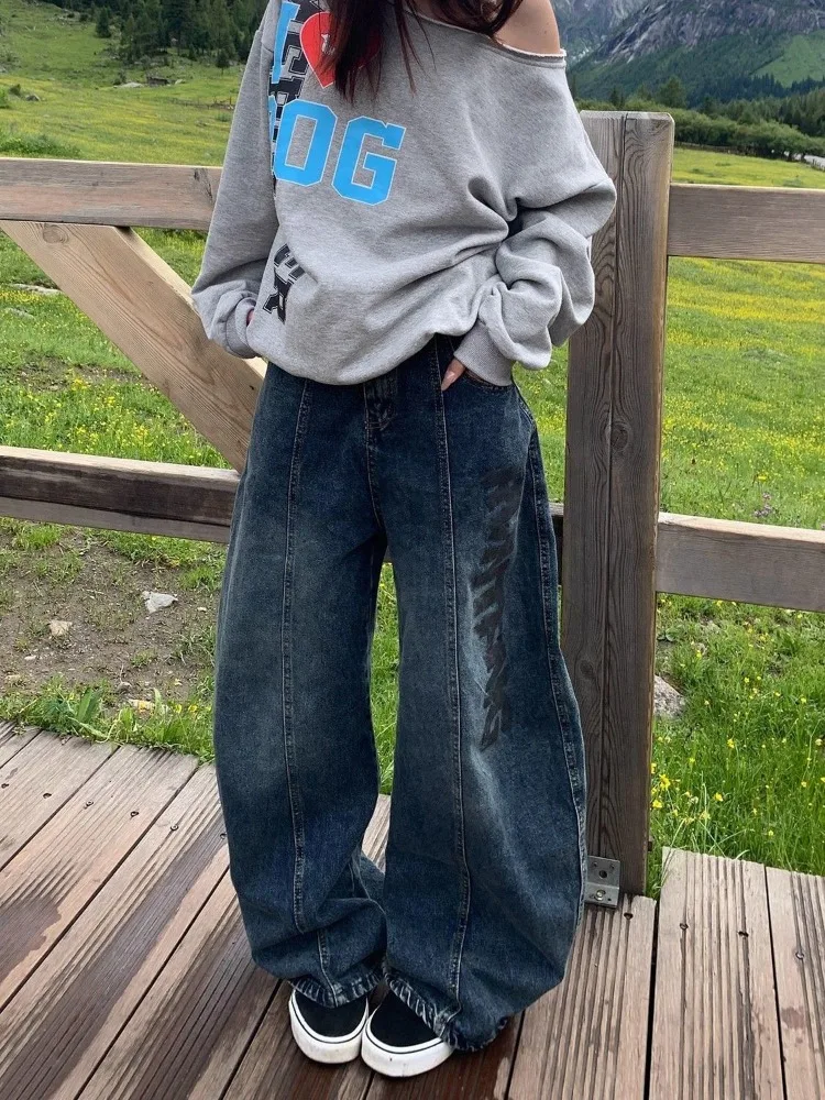 

Women's Vintage Letter Print Wide Leg Vibe Jeans Autumn Streetwear Cool Girl Street Fashion Trousers Female High Waist Pants