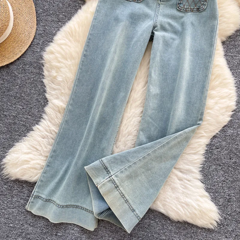 ANJY خريف جديد إمرأة الأمريكية الرجعية الجينز الثقيلة الحرفية جيب التطريز شارع العليا العصرية عادية التخسيس السراويل المستقيمة A8827