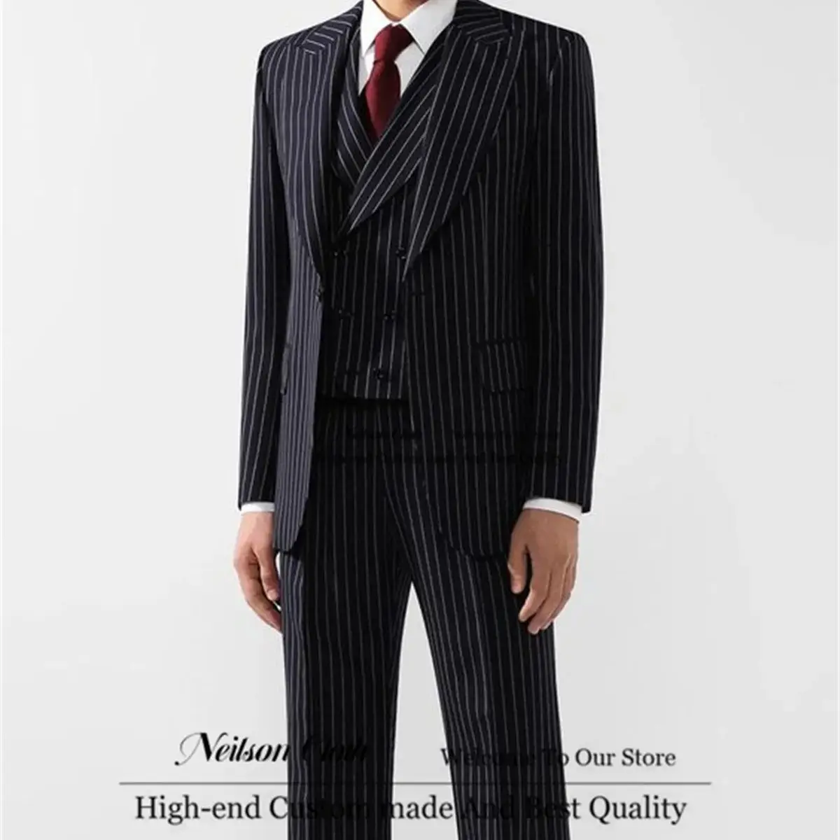 Business Black Stripe Male Prom Blazers Peaked Lapel 3 Pieces Sets Groom Wedding Tuxedos Groomsmen Slim Fit Terno Masculino