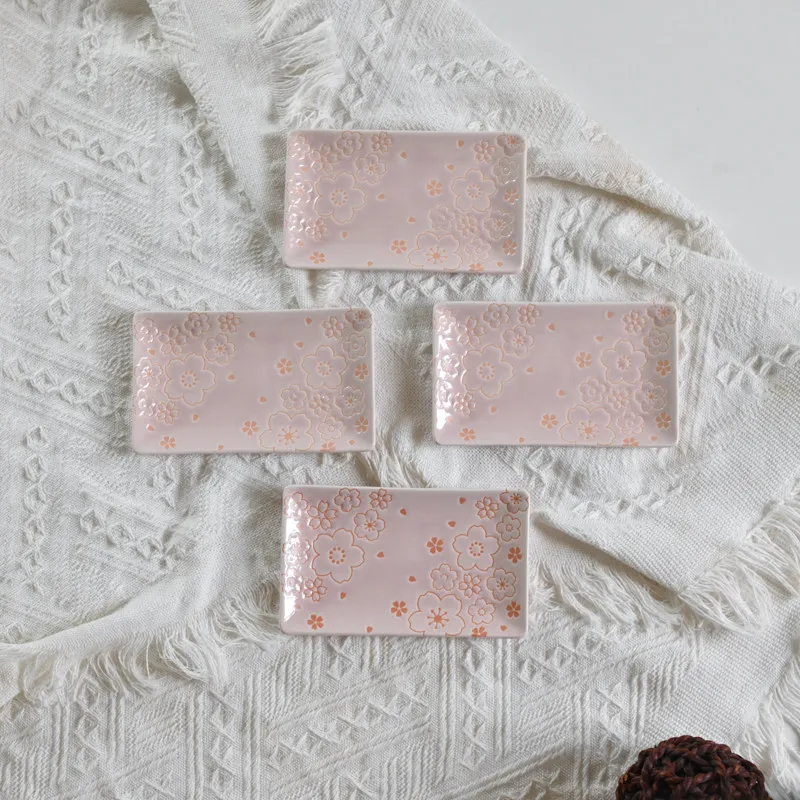 Japanese sakura relief rectangular ceramic plate snack plate sushi Dim sum seasoning tableware jewelry plate trays decorative