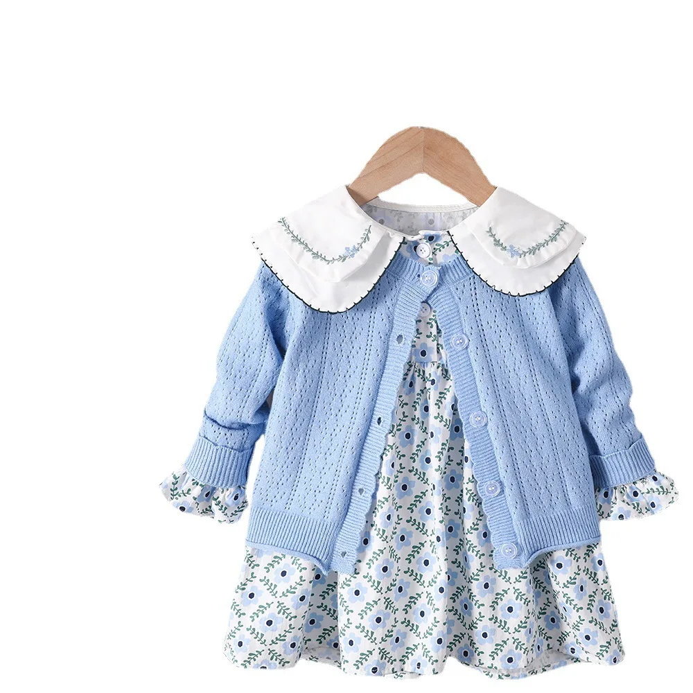 女の赤ちゃんドレスセット春夏長袖花プリンセスドレスブルーニットカーディガン 2 個セットカジュアル女の子服