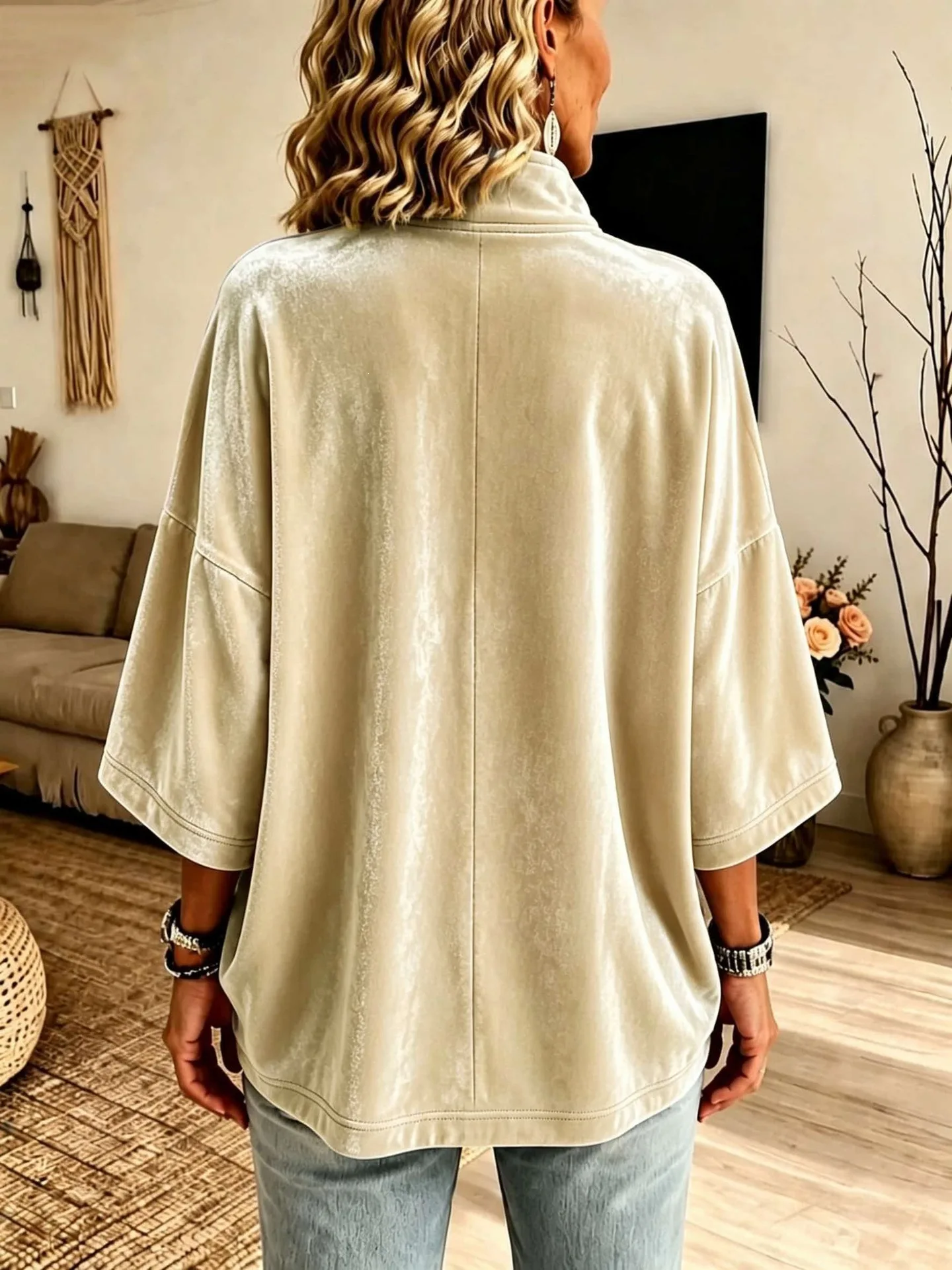 Autumn Winter Velvet Solid Half Zip Sweatshirts Stand Collar 3/4 Sleeve Loose Casual Pullover Tops Women Vacation Daily Hoodie