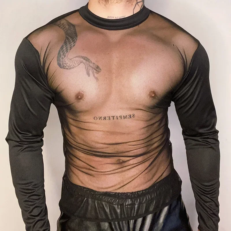 New Autumn Men's Clothing Sexy Mesh See-through Thin Crew Neck Breathable Men's Top
