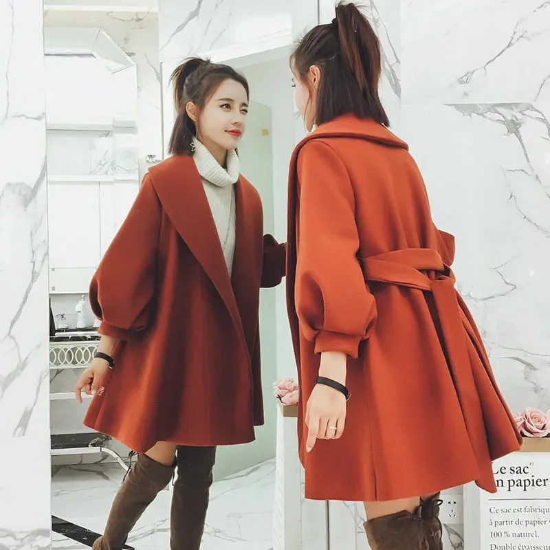 

2023Autumn/Winter Korean Version Medium Length Woolen Trench Outcoat Short Stature Lantern Sleeve Slim Fitting Woolen Coat Women