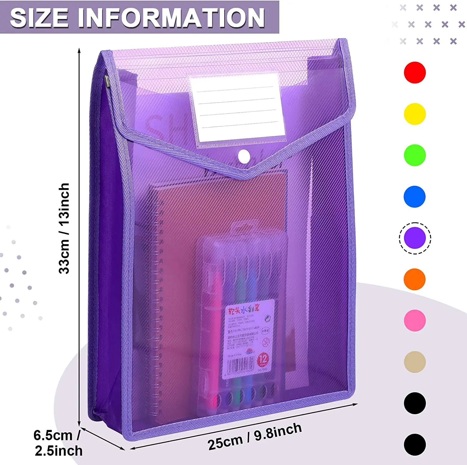 1 plastic folder envelope extension file wallet storage file folder with snap fastener and pocket A4 size waterproof transparent