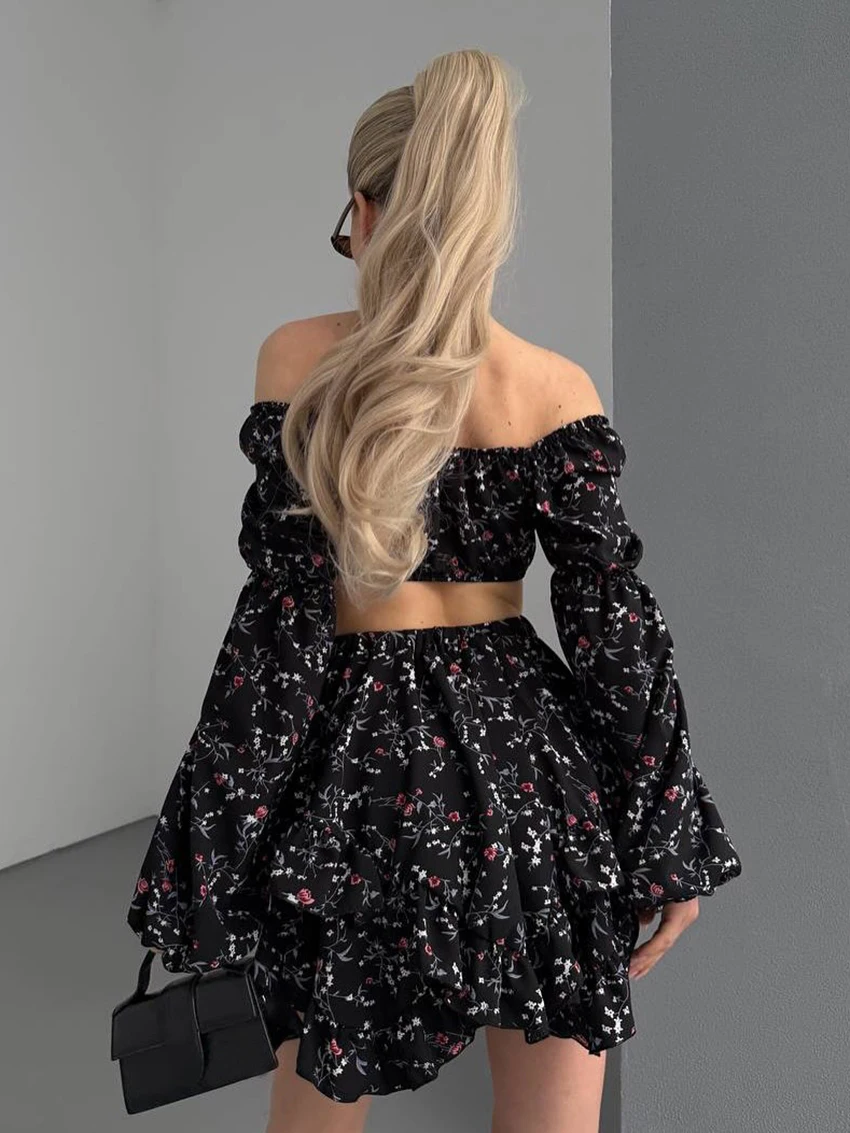 Marthaqiqi Printing Female Nightgowns Suit Long Sleeve Pajamas Slash Neck Nightie Crop Top Sleepwear Skirts Casual Nightwear Set