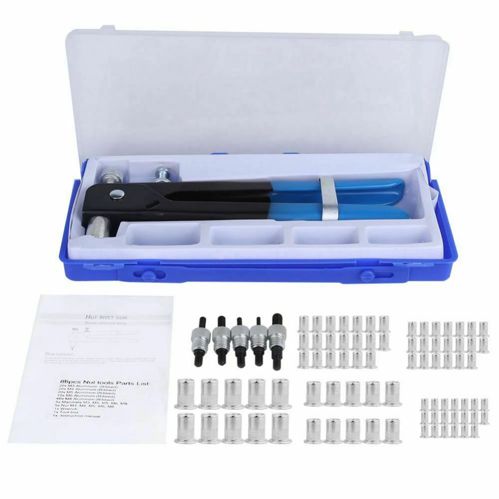 ABNL 86 pièces pistolet à riveter, Kit d'outils manuels à rivets, insert d'écrou de clé et mandrin avec boîte