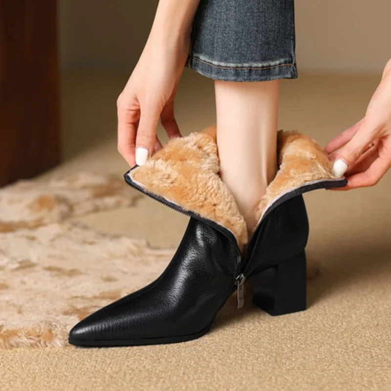 2025 News Women Ankle Boots Warm Wool Pointed Toe Cow Leather Short Snow Boots Winter High Heel Casual Shoes 34-40