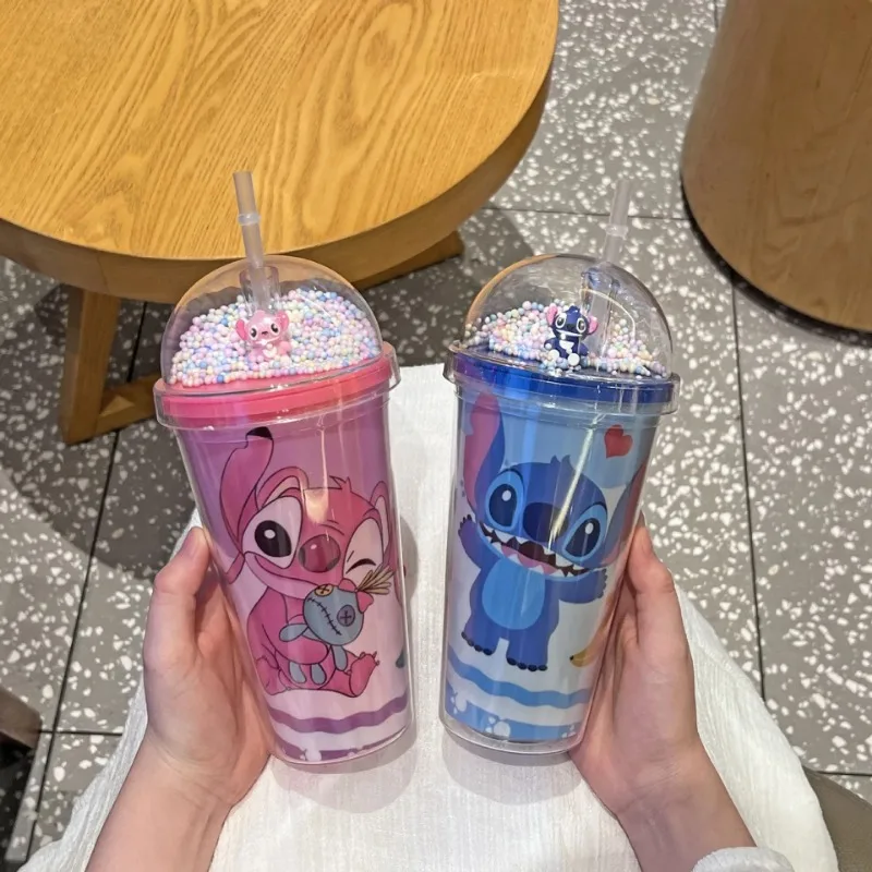 450ML Disney Stitch Straw Cups Anime Cartoon Stich Double-layer Plastic Water Cup Children Portable Waters Bottle for Kids Gifts