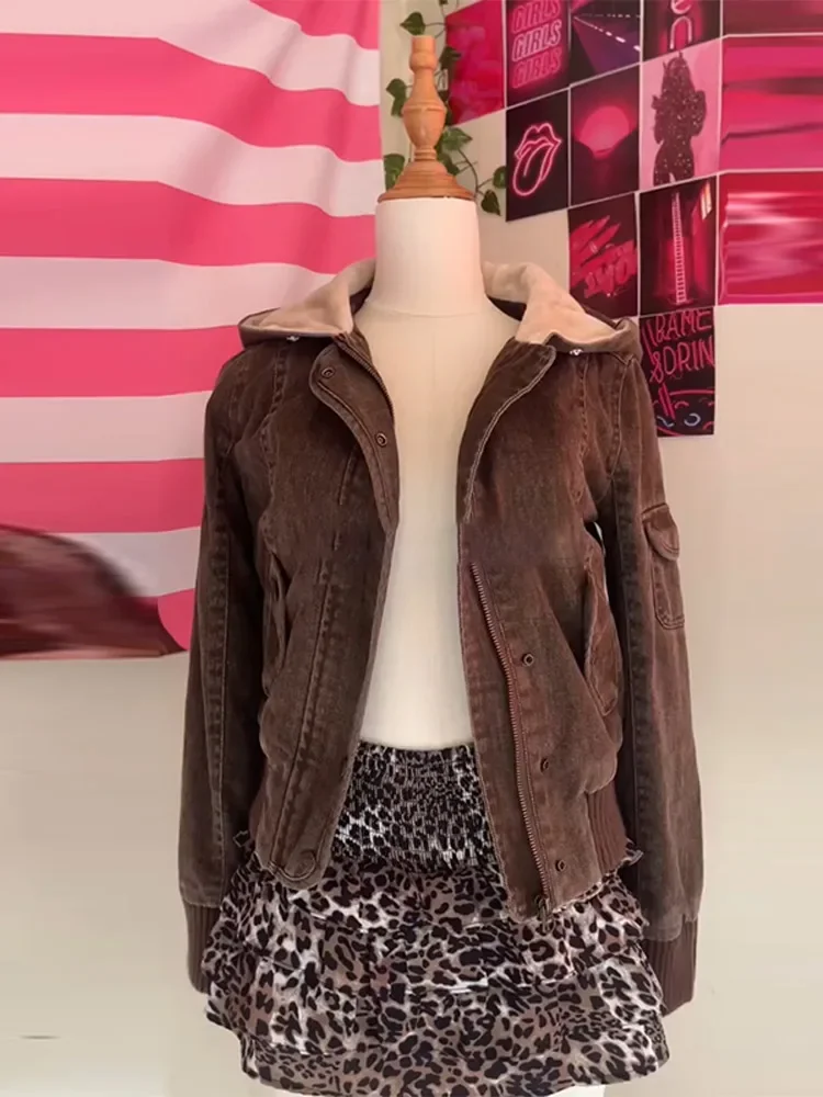 Herbst Winter Vintage Braun Kurze Kapuze Jacke frauen Volle Hülse Schlank Abnehmbare Pelz Kragen Warme 2025, NEUE Weibliche Y2k outwears – Detail 9