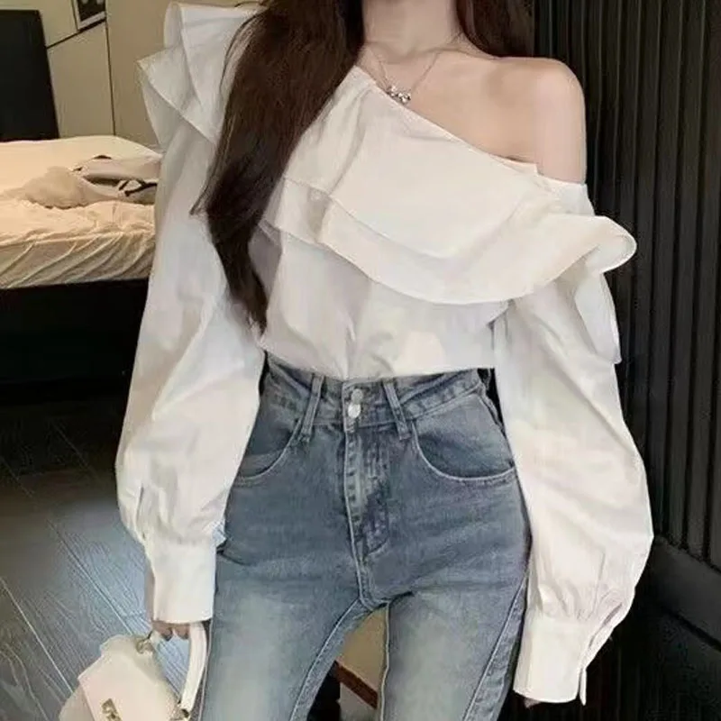 2024 New Fashion Long Sleeve Blouse Women Loose Casual Ruffle White Lantern Sleeve Off Shoulder Ladies Tops Blouses Spodnie 8395