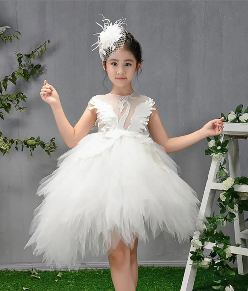 Swan Crystal Tulle Flower Girl Romantic Wedding Banquet Dress Beads Girl Princess Evening Dress Kids Girl First Communion Gown