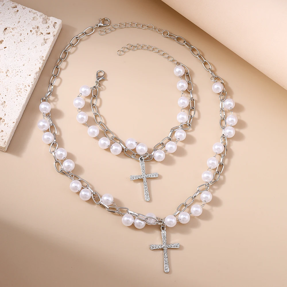 Aihua Fashion Perlenkette mit christlich-katholischem Kreuzanhänger, Halskette, Armband, Schmuckset für Damen und Herren, Schmuckgeschenke – Detail 5
