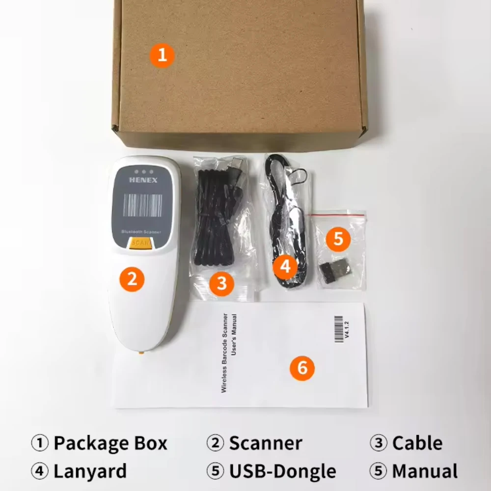 HENEX Wireless Bar Code Scanner Long Range BT Smart 2D Barcode Scanner Wireless 2D 1MP Mini Portable Handheld Scanner