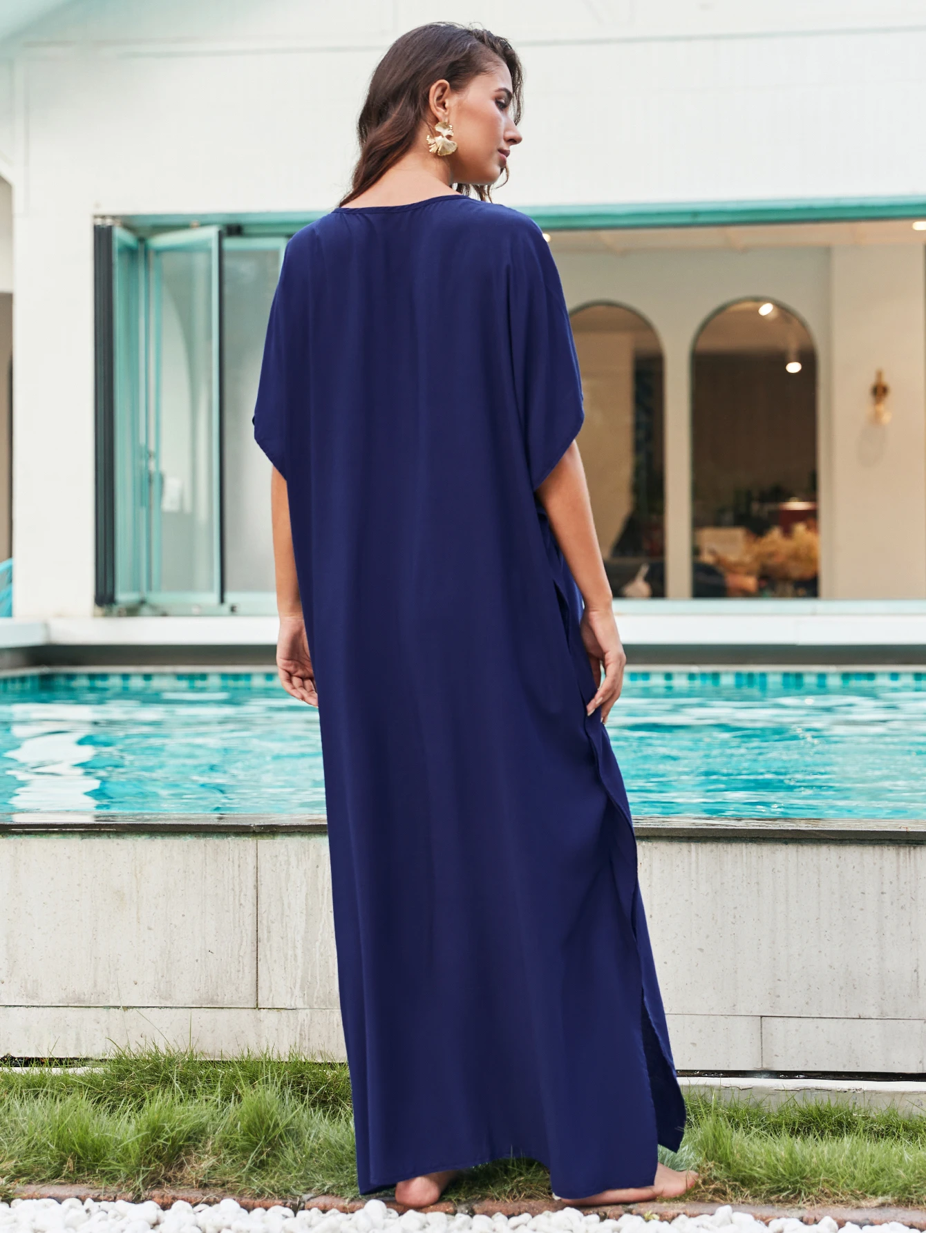 Seksowna do haftu z nadrukiem z głębokim dekoltem w szpic Plus Size plażowa długa sukienka Kaftan duży rozmiar sznurowane tuniki damskie sukienki