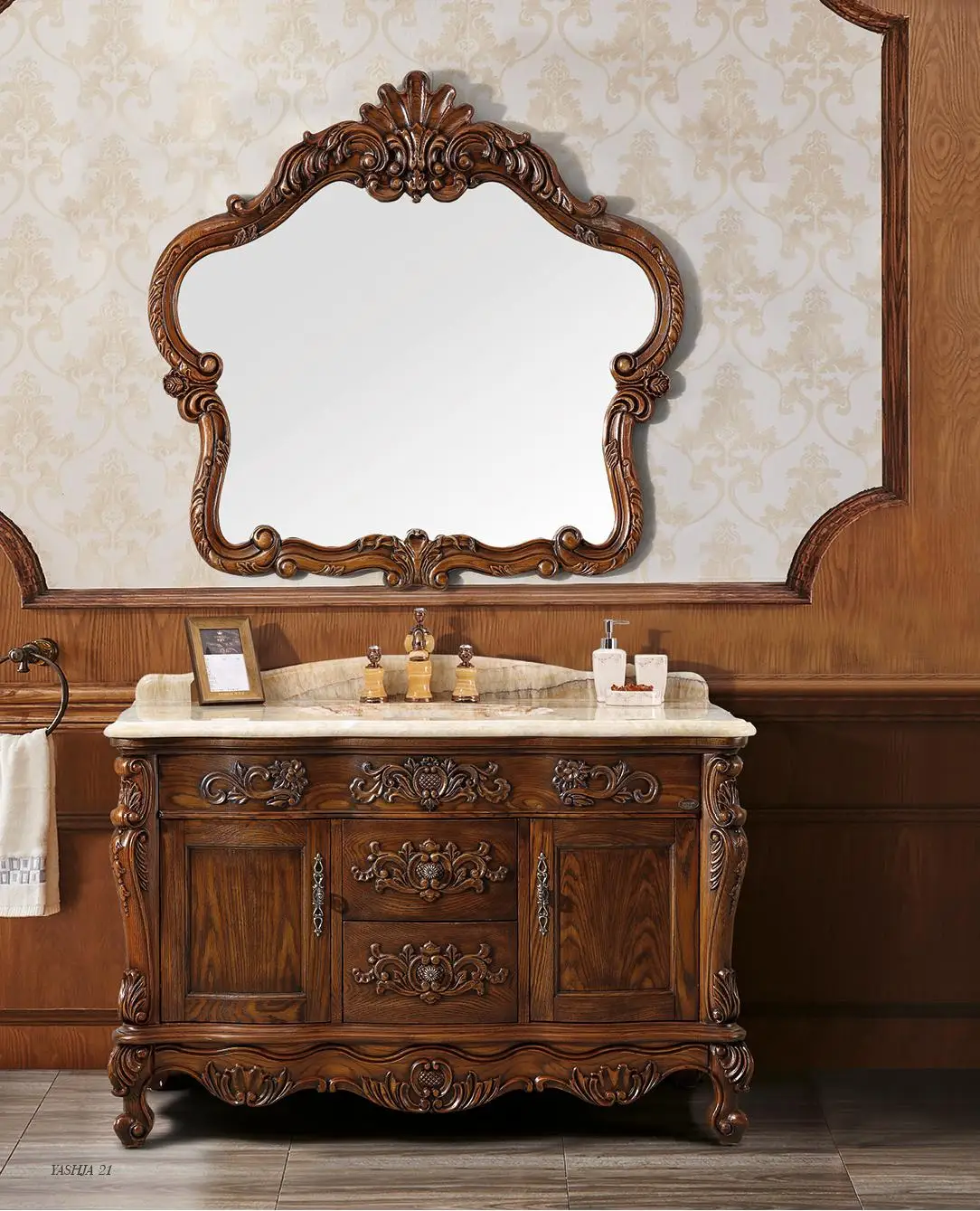 

European Design Solid Wood Vanity Sink Cabinet Ceramic Floor Mounted Bathroom Mirror Unique Wooden Panel Lacquer Wash Basin Sets