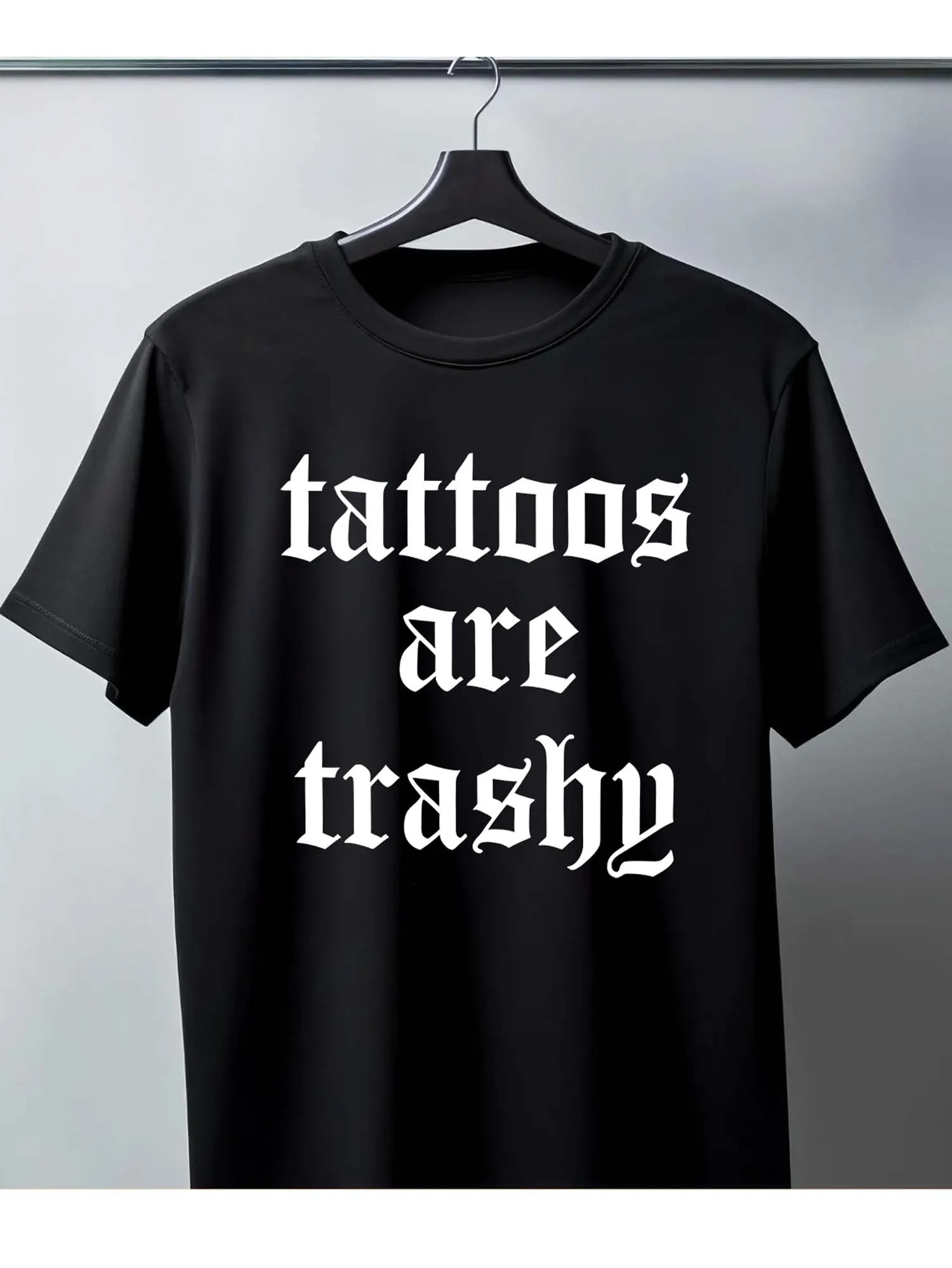 Gothic Men's Black Graphic T-Shirt Bold Old English Letter Print Statement Typography Streetwear Slogan Design 100% Cotton Heavyweight Short Sleeve Casual Streetwear Tee