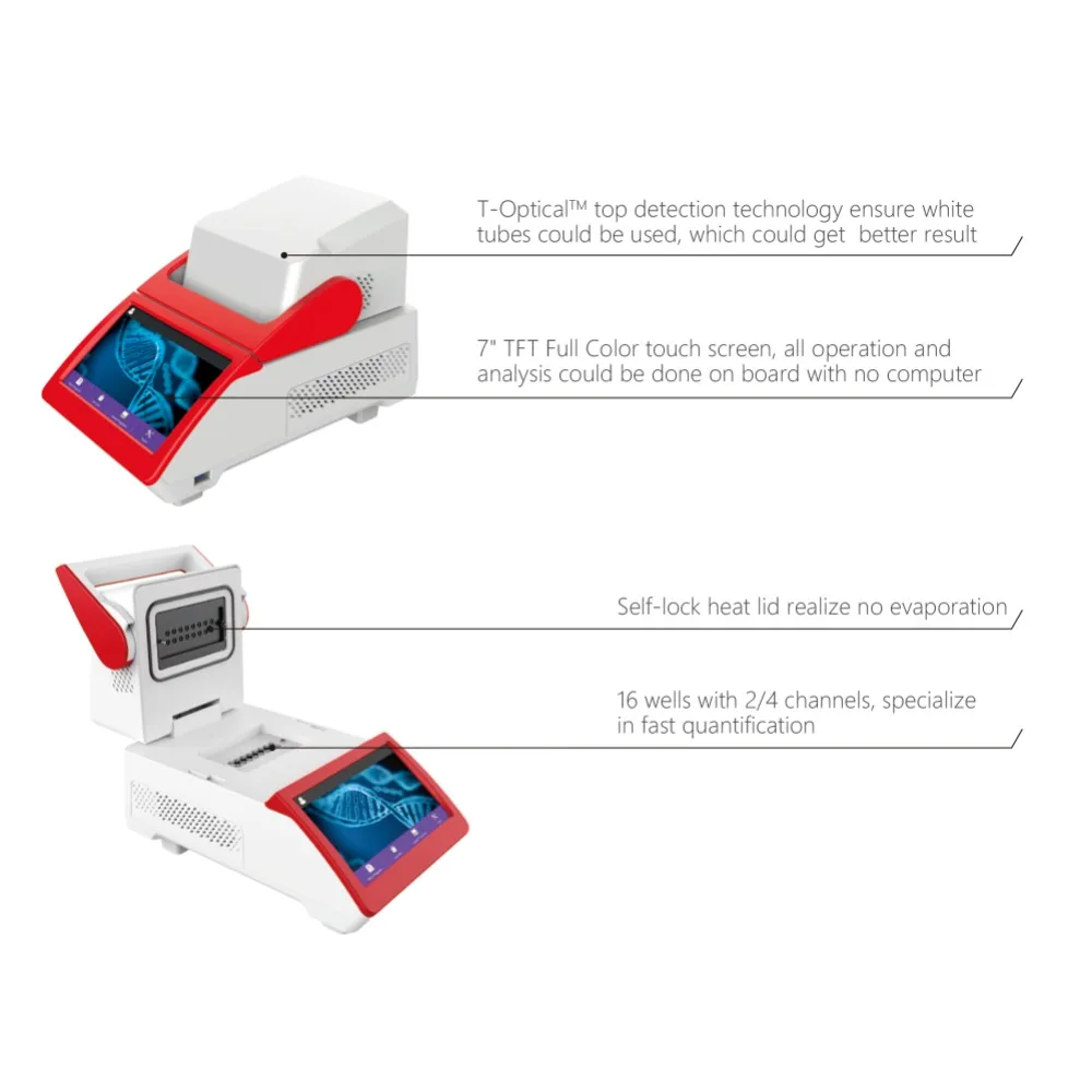 The portable real-time QPCR system is suitable for a variety of applications, featuring a thermal cycler with 4 fluorescence cha