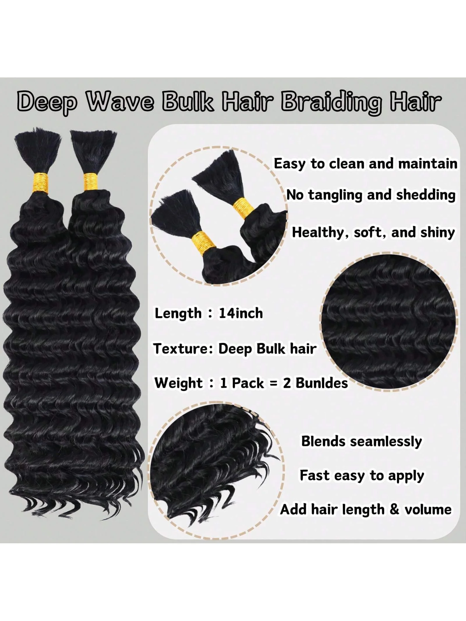 شعر مموج عميق لتضفير الشعر 100 جرام بدون لحمة 14 بوصة حزمة شعر صناعية طبيعية سوداء رطبة ومموجة لجديلة بوهو #2