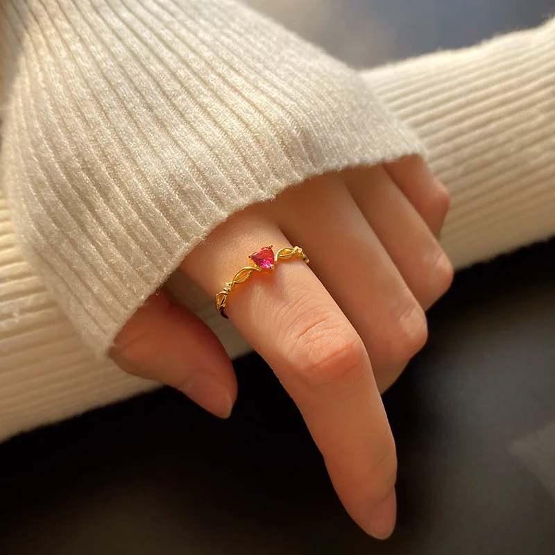 S925 Sterling Silver Heart Red Ring Korean Style Unique Minimalist Design Fashion Women’s Daily Wear Jewelry
