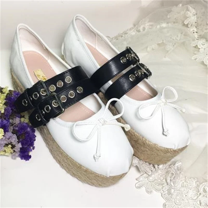 

Belts Buckle Shoes for Ladies Butterfly-knot Female Ballet Increasing High Heels Round Toes Zapatos Mujer Ribbon Women's Pumps