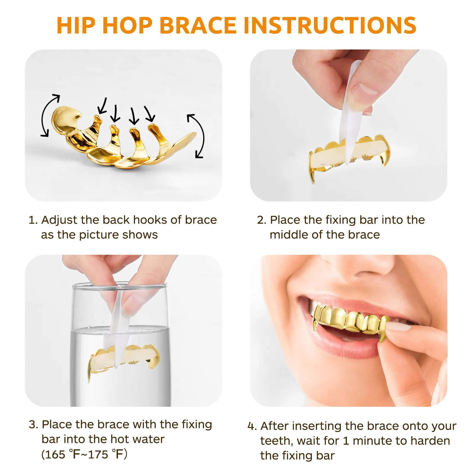 1 Set Hip Hop Style Teeth Plated Gold Polish Teeth Upper and Bottom Shiny Teeth for Cosplay Halloween Theme Party