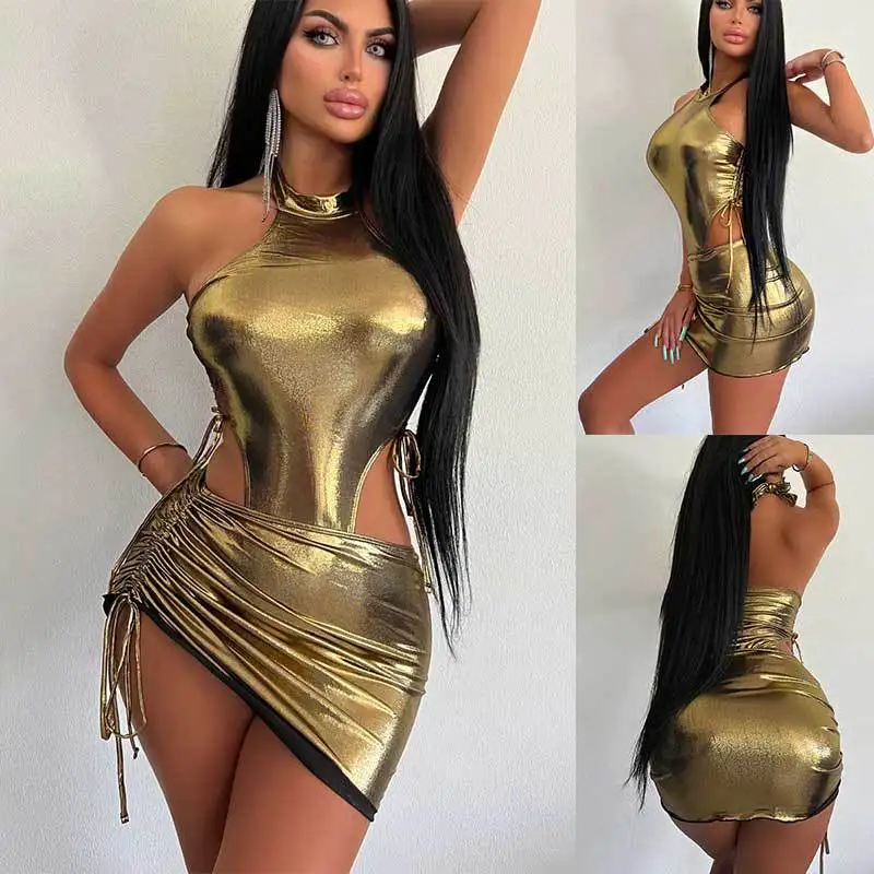 

Electronic Music Festival Metallic Outfit Hot Girl One-piece Dress High-waist Drawstring Sexy A-line Dress Woman Sexy Dress