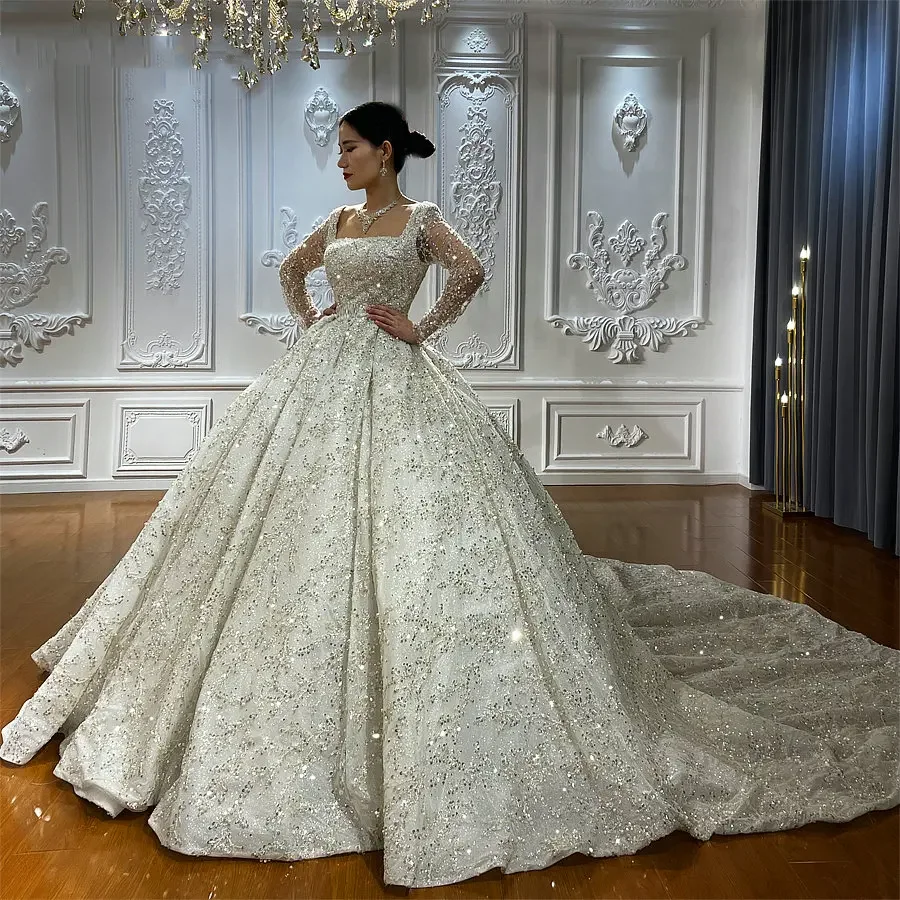 Customized  Luxury Square Neck Beaded Pearl Embroidery Shiny Women  Wedding Dress  Chapel Forma Bridal Gown Vestido De Novia
