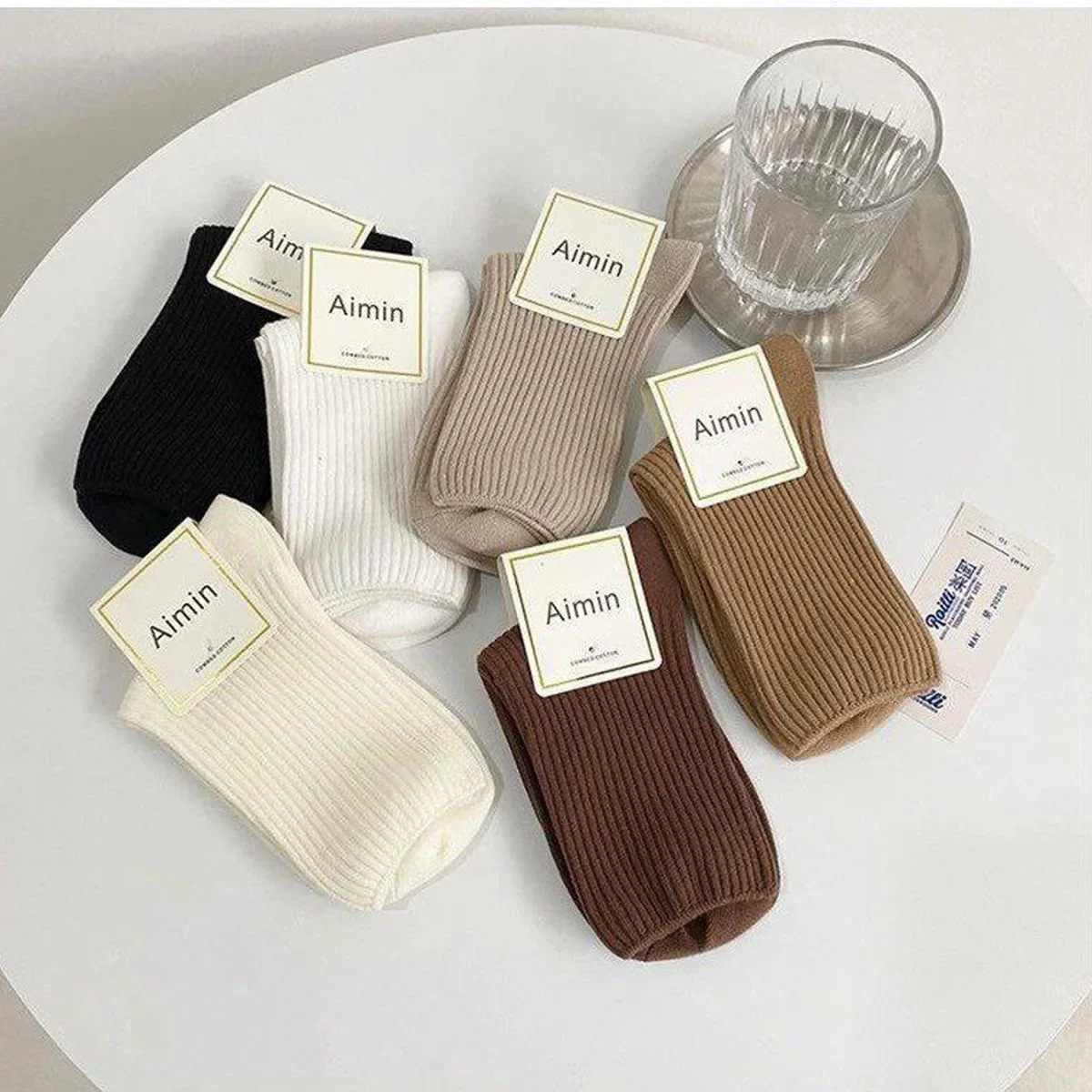 6 Pairs of Women's Spring and Autumn New Vertical Striped Stockings Brown Two-pin Drawstring Pile Socks