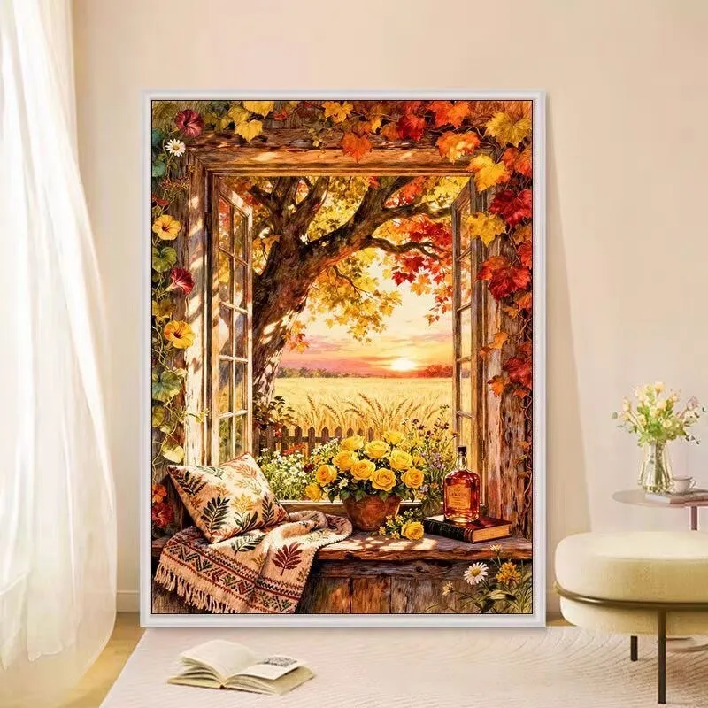 

14CT 9ct 100x75cm Autumn outside the window Embroidery DIY Printed Kits Cross Stitch Needlework Set Home Decor Crafts 70 Colors