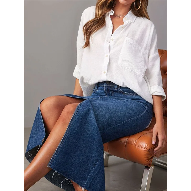 

AOAO-Женская джинсовая юбка, эластичная джинсовая юбка-миди с высокой талией и потертым необработанным подолом, с карманами