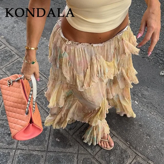KONDALA 2026 Spring Summer Casual Women Print Skirts Fashion Elegant Tierred A Line Beach Style Chic Ladies Long Skirts 3 Kondala Spring Summer Casual Women Print Skirts Fashion Elegant Tierred A Line Beach – view 3