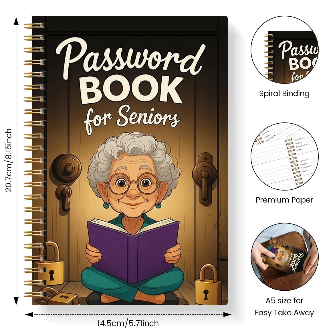 1PC A5 Spiral Password Organizer, Premium Thick Paper, Durable Hardcover for Elderly, Simple Internet Login Keeper Notebook