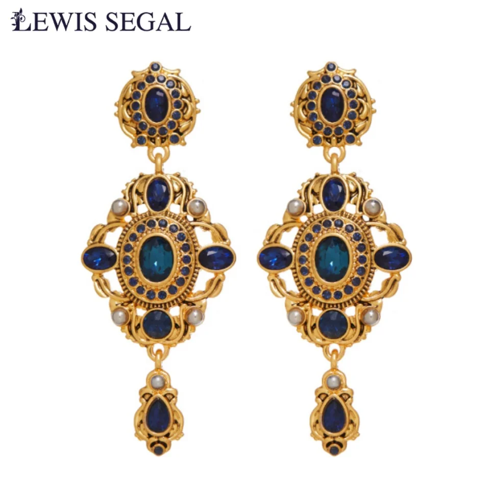 LEWIS SEGAL Luxury Dark Sapphire Drop Earrings for Women Exquisite Medieval Noble Style Fine Jewelry 18K Gold Plated