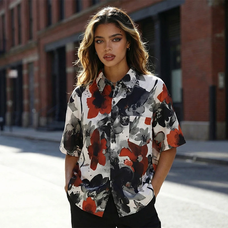 

Vintage Abstract Floral Print Shirt Y2K Streetwear Oversized Short Sleeve Button Down Summer Casual Grunge Aesthetic Tops S-XL