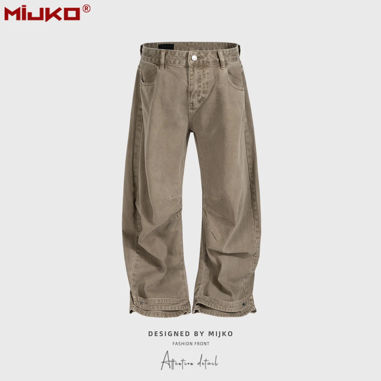 

MIJKO Unisex Brown Jeans Saber Silhouette Design Long Pants with Buckle Cuff Fashion Brand Z055