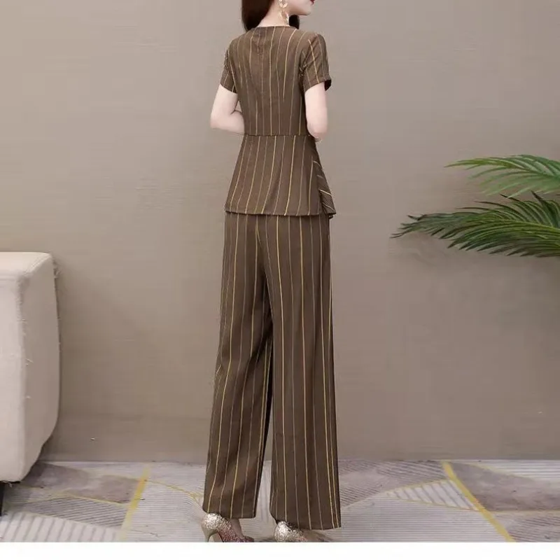 Striped Fashion Wide Leg Pants Women\'s Round Neck Short Sleeve Asymmetrical 2023 Summer New Korean Slim Patchwork Two Piece Sets