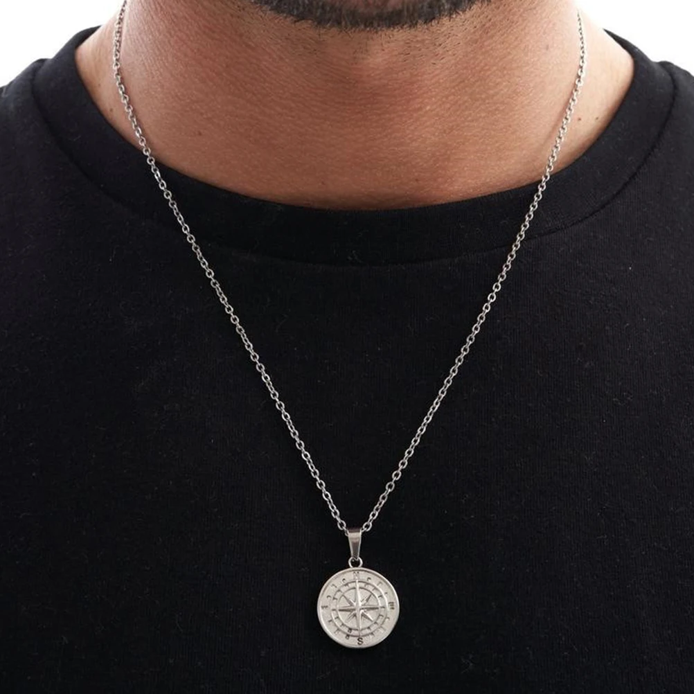 

Stainless Steel Compass Necklace Pendant for Men Women Clavicle Chain Vintage Hip Hop Accessories Steel Color Jewelry