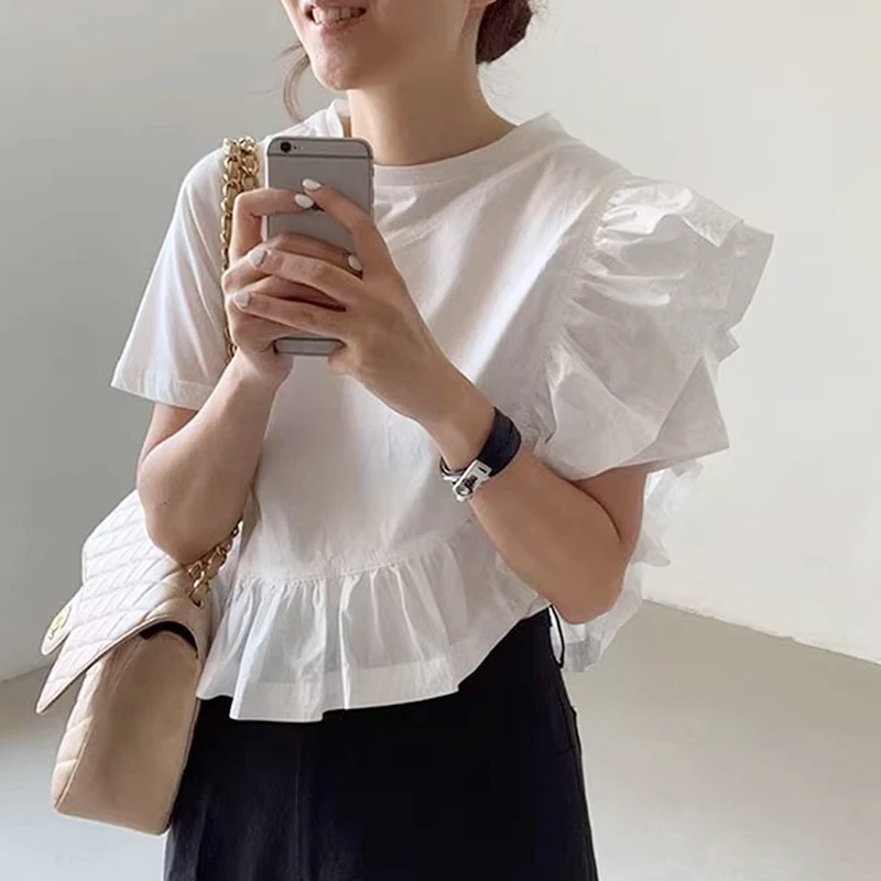 Korean Fashion Elegant Short Shirt Irregular Design Ruffle Summer Blouse Women O Neck Loose Casual Short Sleeve White Tops 27815