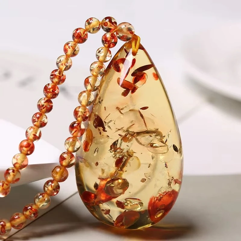 

Natural Flower Amber Drop Pendant Sweater Chain Beeswax Necklace Fashion Exquisite Men's and Women's Gemstone Holiday Gift