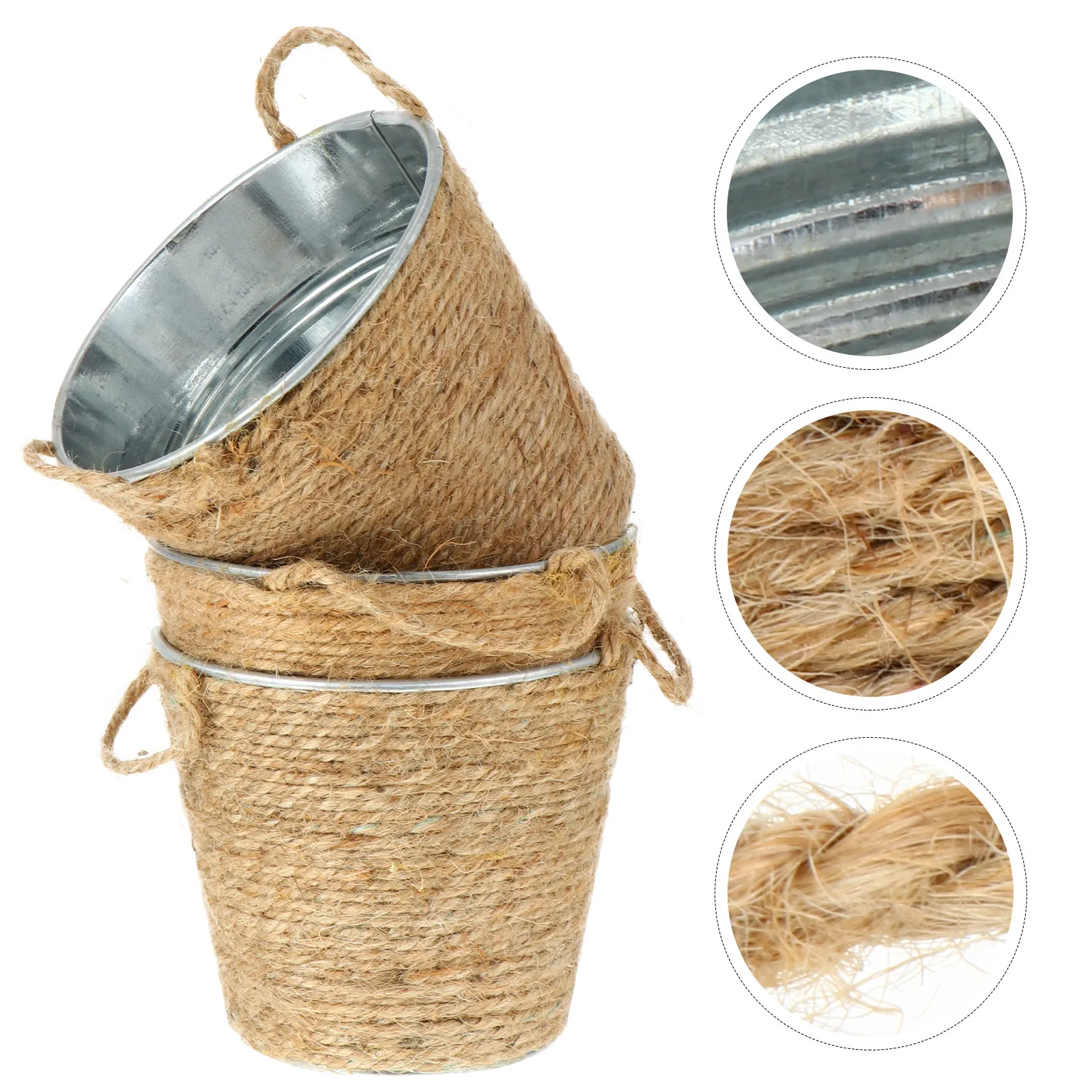 3Pcs Iron Planter Bucket Flowerpot with Decorative Hemp Handles Vintage Style Succulent Plant Pot Balcony Table Garden Ornament